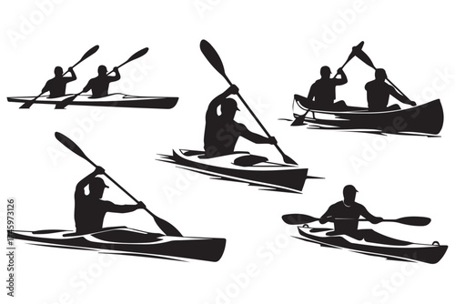 Silhouettes of people kayaking in different poses on a transparent background