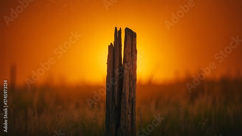 Weathered wooden fence post in a field of tall grass against a bright orange sunset Keywords: fence, post, wooden, weathered, old, rustic, wood, texture, grain, field, grass, tall, dry, nature