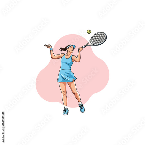Tennis player focused on serving the ball during a match.