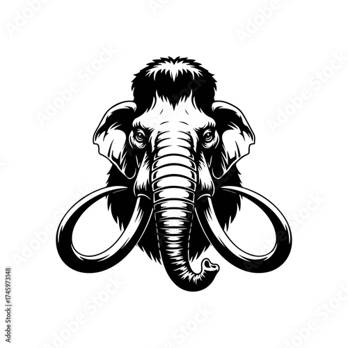 Majestic Mammoth Head - A Detailed Black and White Illustration.