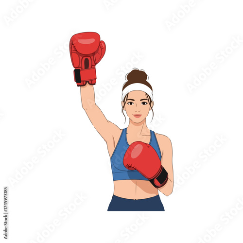 Female boxer celebrates victory with raised arm and red gloves.
