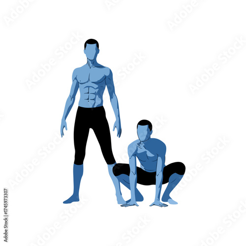 Two men demonstrating a deep squat exercise for fitness.