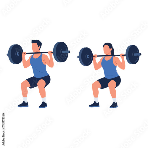 Man and Woman Performing Barbell Back Squats in Gym.