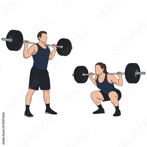 Man and woman performing barbell squats in a gym setting.