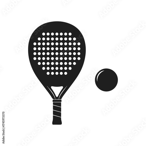 Padel tennis racket and ball black silhouette icon.