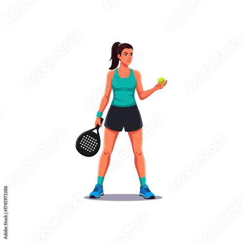 Woman padel player holding racket and ball, ready to play.