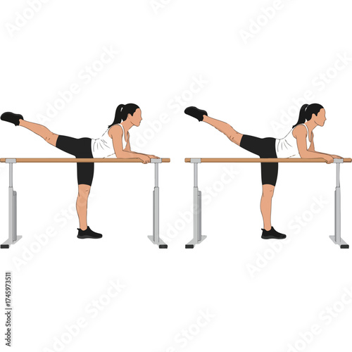 Woman performing leg lift exercise at ballet barre.