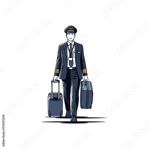 Pilot in uniform walking with luggage ready for flight.