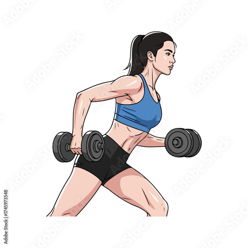 Strong Woman Lifting Weights in Gym Illustration.