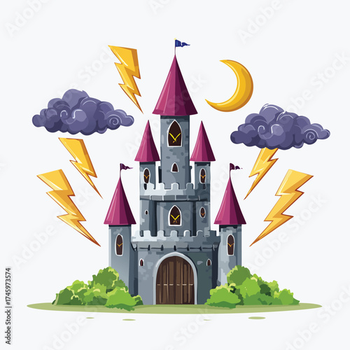 Stormy medieval citadel under the moonlight