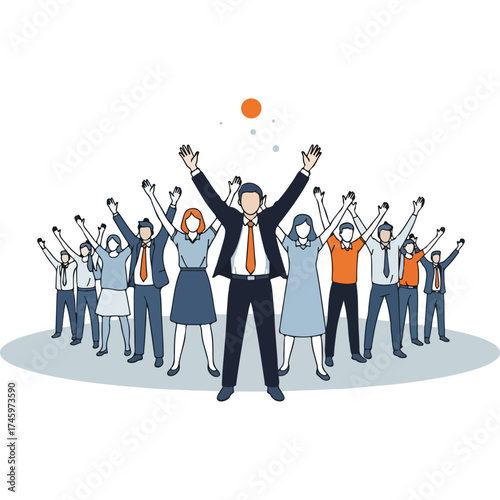 Team of people celebrating success with raised arms.