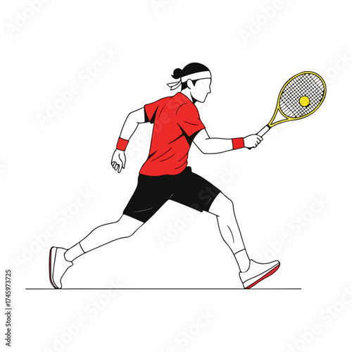 Tennis player in action hitting a forehand shot during a match.