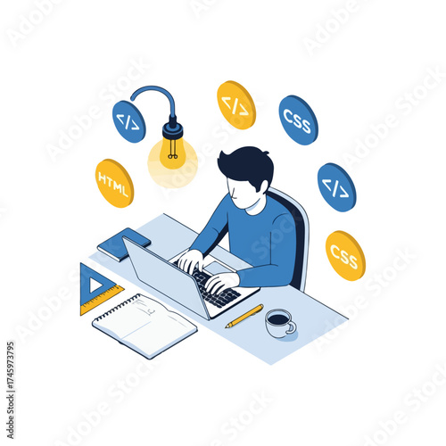 Web developer working on laptop with coding icons.