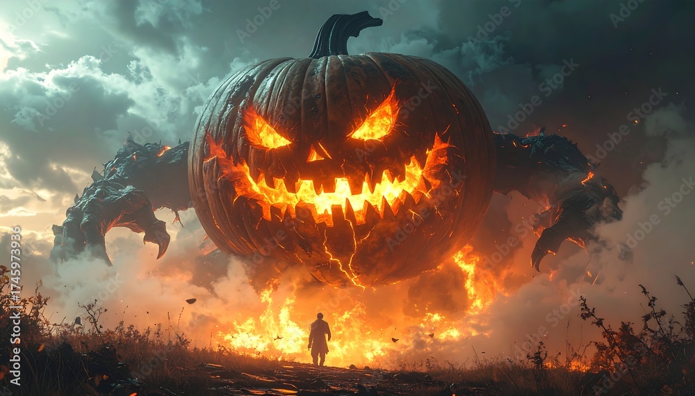 Fototapeta premium Fiery Halloween pumpkin monster rising from the flames, a lone figure faces the intense heat and fear in this apocalyptic autumn landscape