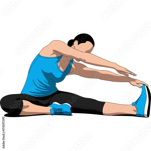 Woman in sportswear performing a seated hamstring stretch exercise.