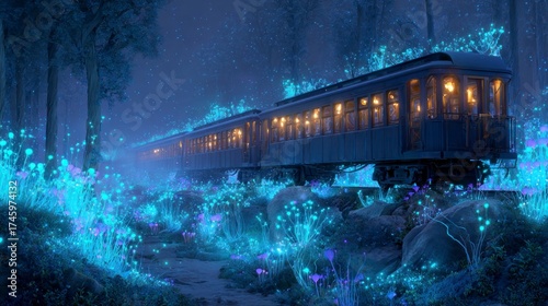 Magical train through glowing forest