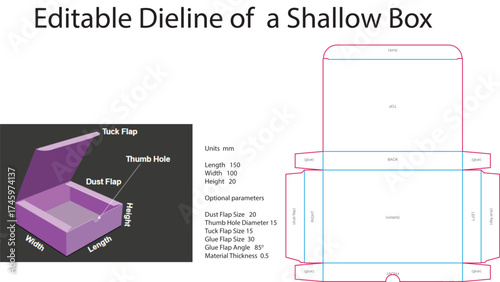 Shallow box dieline template with dimensions packaging