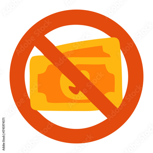 Illustration of a prohibition sign against cash, symbolizing a cashless society, with vibrant colors