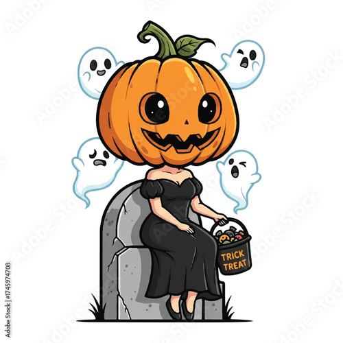 Cartoon illustration of a smiling jack-o-lantern-headed woman in a black dress sitting on a tombstone with a trick-or-treat bucket, surrounded by ghostly figures on a white background with