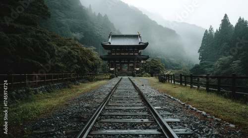 Misty mountain train tracks and temple