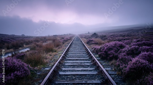Misty train tracks through purple heather