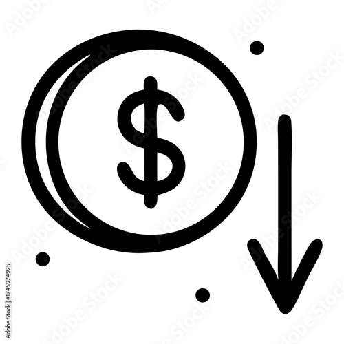 Illustration of a dollar coin with a downward arrow, symbolizing financial decline or loss