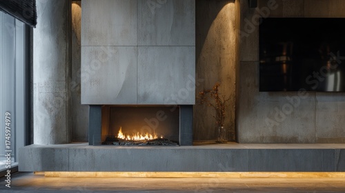 Modern concrete fireplace interior