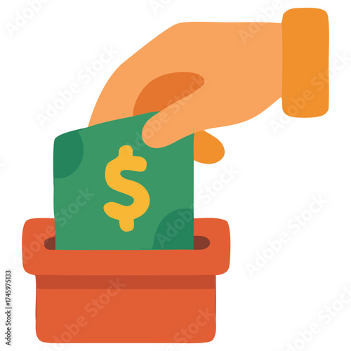 Hand depositing a green dollar bill into a red donation box, symbolizing generosity and support