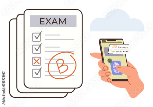 Exam sheet with marked answers and grade alongside a hand using a smartphone for online verification. Ideal for education, assessment, technology, online learning, security, achievement, simple flat
