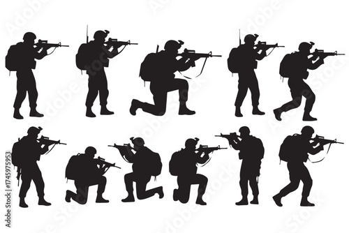 Silhouette of soldiers in various combat poses with rifles isolated on transparent background