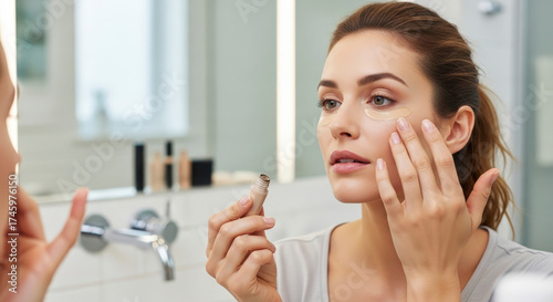 Woman applying under-eye concealer in bathroom.