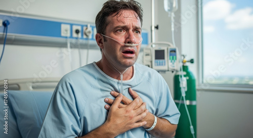 Worried man in hospital with nasal cannula.