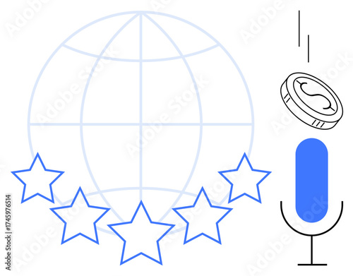 Microphone with falling coin beside globe and five stars. Ideal for media, communication, global outreach, podcasting, financial services, marketing, remote networking. Simple flat metaphor