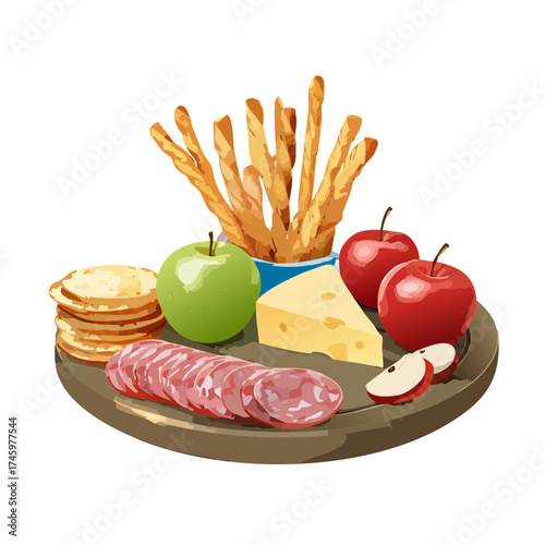 Charcuterie Board with Cheese, Apples, Crackers, and Breadsticks — Gourmet Snack Vector Illustration