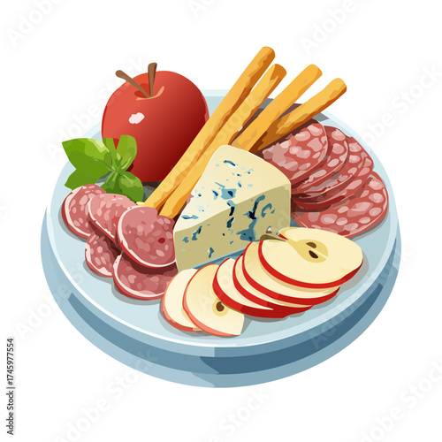 Charcuterie Plate with Blue Cheese, Apples, and Salami — Gourmet Snack Vector Illustration