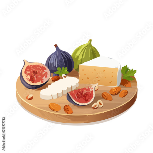 Cheese Boards with Fresh Figs and Almonds — Gourmet Snack Vector Set