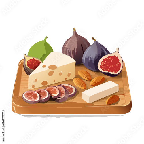 Cheese Boards with Fresh Figs and Almonds — Gourmet Snack Vector Set