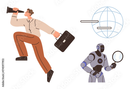 Professional with a briefcase and telescope seeking opportunities, robot analyzing with magnifying glass. Ideal for technology, innovation, AI, research, future, progress exploration themes. Simple