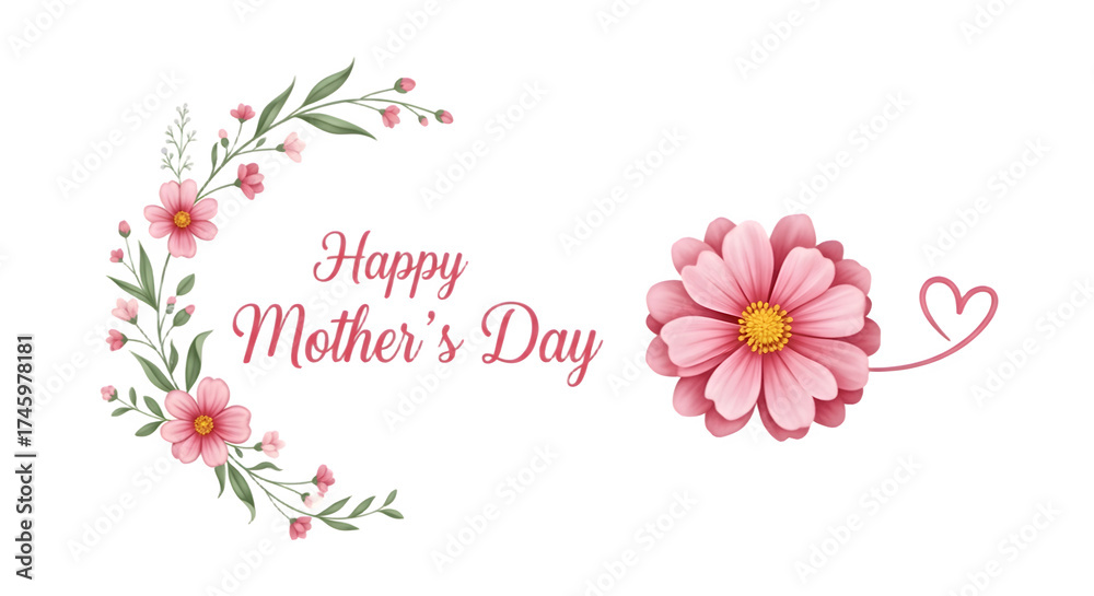 Naklejka premium Happy Mothers Day floral wreath and pink flower with heart.