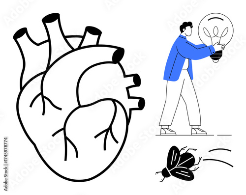 Line-art human heart, figure holding lightbulb symbolizing ideas, and insect in motion. Ideal for creativity, innovation, health, biology, energy, movement problem-solving simple flat metaphor