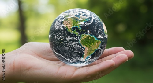 Earth globe on human hand against green nature background.