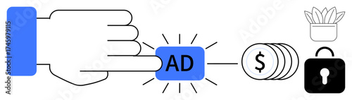 Hand pressing blue ad button, stacks of coins linked to dollar icon, secure padlock, and potted plant. Ideal for advertising, digital marketing, revenue, e-commerce, online security growth