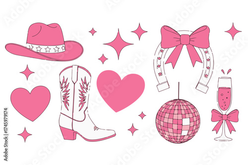 Pink cowgirl bachelorette party theme with cowboy boot, hat, horseshoe, and disco ball isolated on transparent background