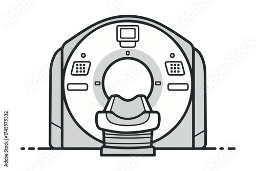 Line art illustration of a ct scanner machine in a medical setting isolated on transparent background