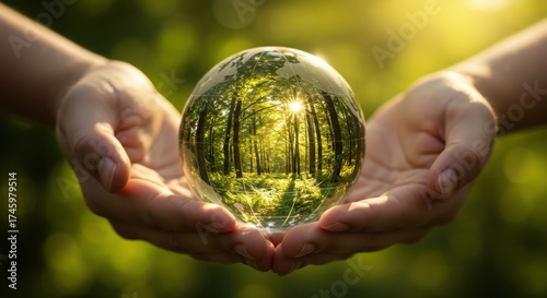 Hands hold crystal globe reflecting forest. Ecology and nature concept.