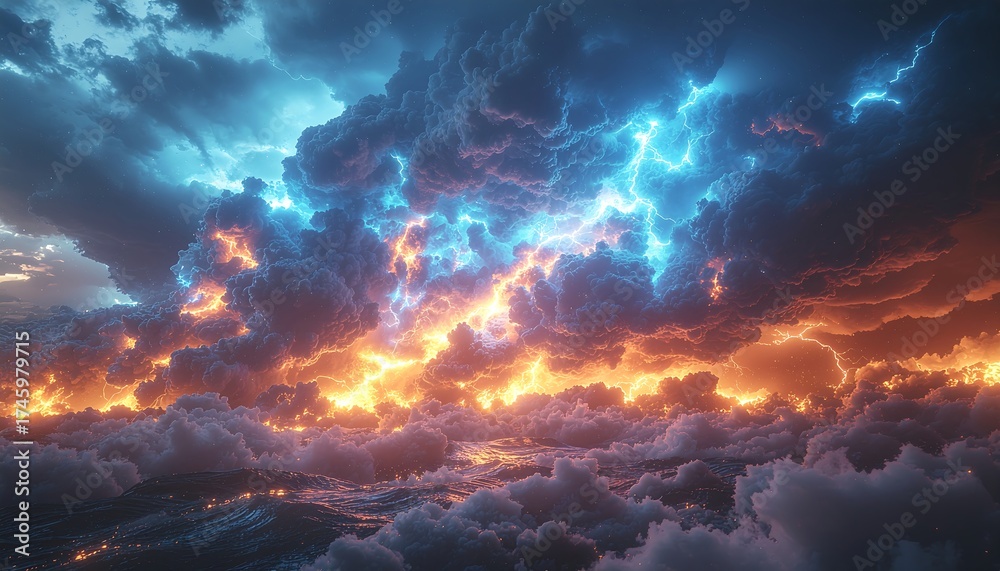 Fototapeta premium Epic Clash of Fire and Lightning in Stormy Clouds.