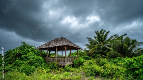 Wooden gazebo under stormy sky