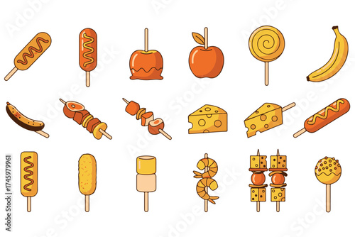 A collection of various fair food items including corn dogs, candy apples, cheese on a stick, and bananas, isolated on transparent background