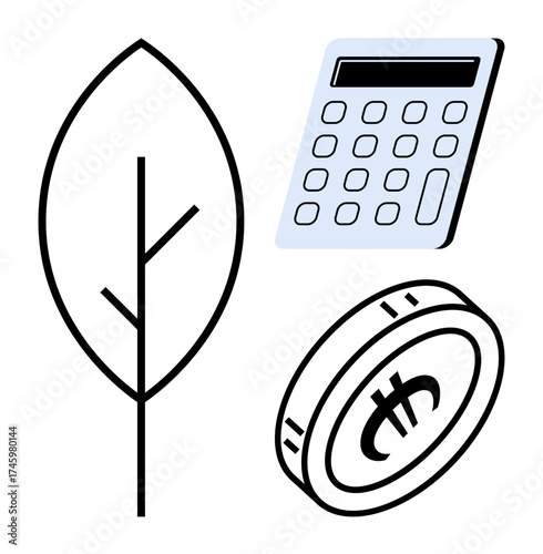 Leaf represents ecology, calculator symbolizes budgeting, and coin denotes currency. Ideal for sustainability, green energy, finance, business strategy, eco-friendly practices, renewable resources