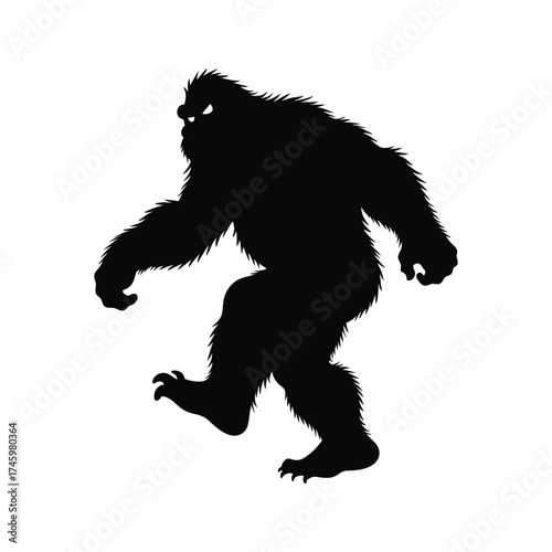 Silhouette of a bigfoot creature walking against a white background